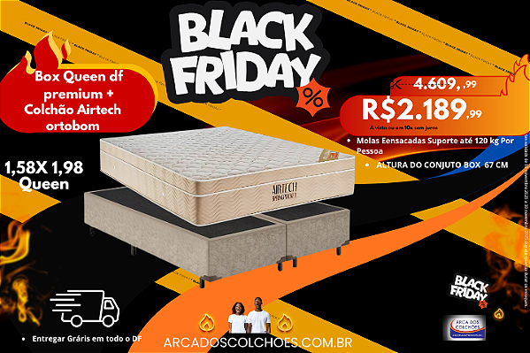 Conjunto Box Queen 1,58X1,98(Colchão Airtech Ortobom + Base box Df premium 158x198x67)