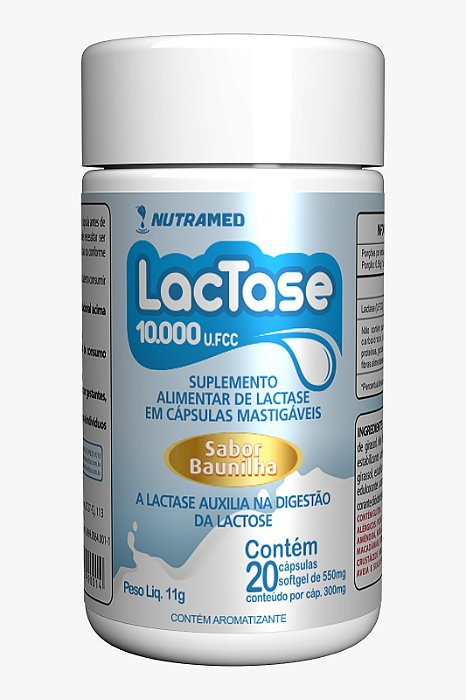 Lactase (10.000 U.FCC) - 20 Cápsulas mastigáveis Sabor Baunilha