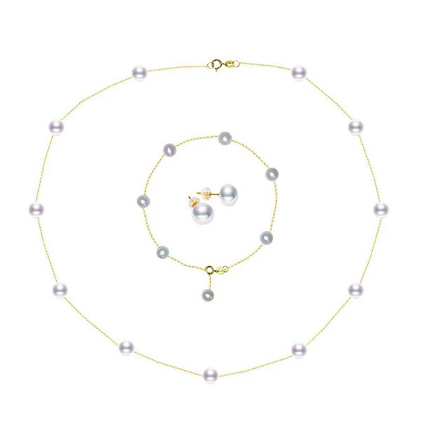 Conjunto Colar, Pulseira e Brinco Pérola Natural em Ouro 18k