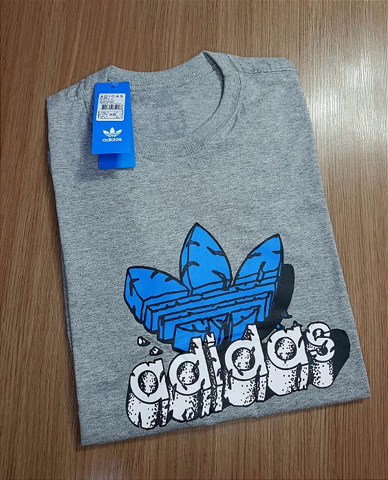 Camiseta Básica Adidas Cinza C/ Logo Azul - Empório75 Atacado e Varejo