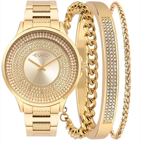 KIT RELÓGIO EURO FEMININO STONES DOURADO  EU2035YTV/K4D