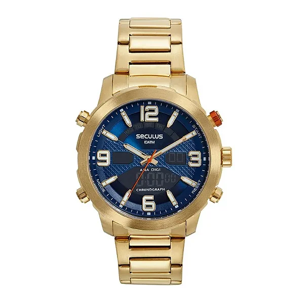 Relógio Seculus Masculino Anadigi Aço Dourado 77216GPSVDA2