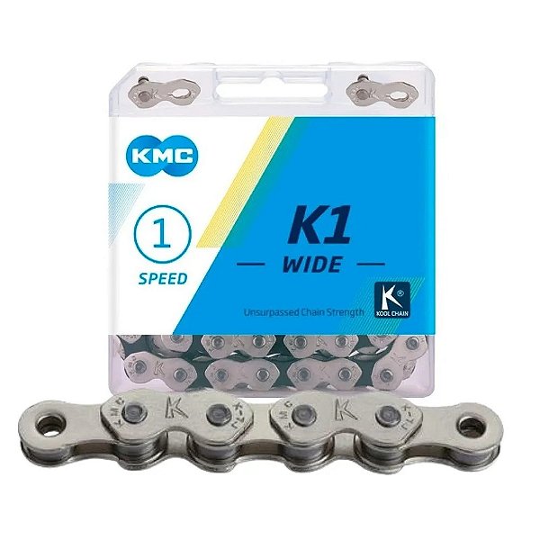 Corrente KMC K1 Wide Kool Chain 1/2 x 1/8 grossa 112 elos cromado e preto