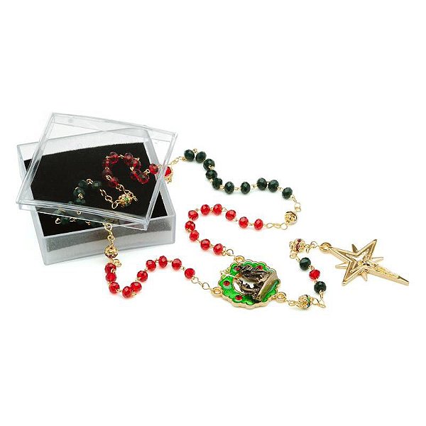 Terço Cristal Natal Verde e Vermelho Guirlanda com Presépio - Toque o Céu