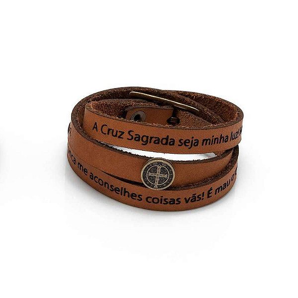 PULSEIRA COURO MARROM CLARO ORACAO SAO BENTO GDE - Toque o Céu