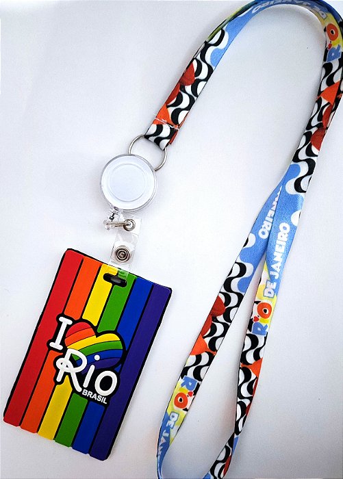 Kit Cordão + Porta Crachá Retrátil + Porta Cartão Emborrachado Eu Amo RJ