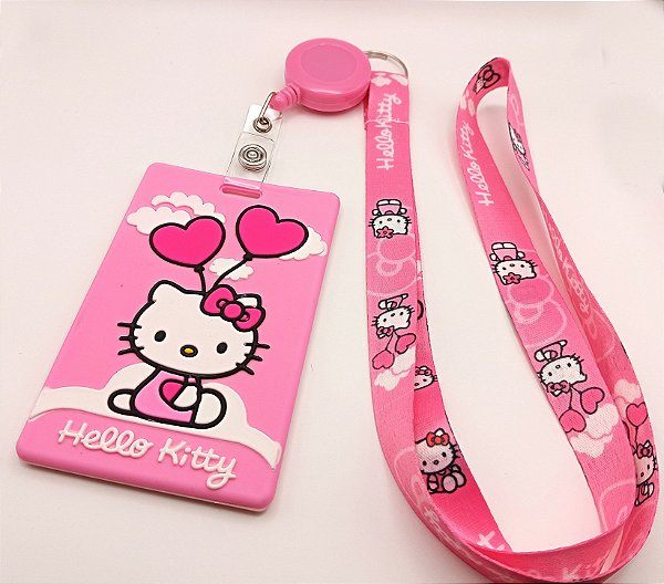 Kit Cordão + Porta Crachá Retrátil + Porta Cartão Emborrachado Hello Kitty