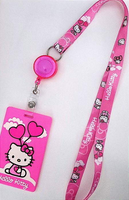 Kit Cordão + Porta Crachá Retrátil + Porta Cartão Emborrachado Hello Kitty