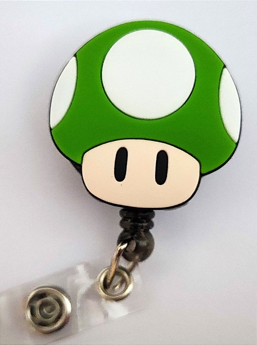 Porta Crachá Retrátil com Aplique Cogumelo Verde