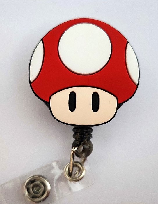 Porta Crachá Retrátil com Aplique Cogumelo Vermelho