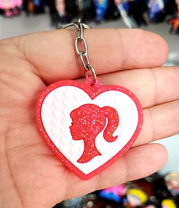 Chaveiro Emborrachado Coração Barbie com Gliter