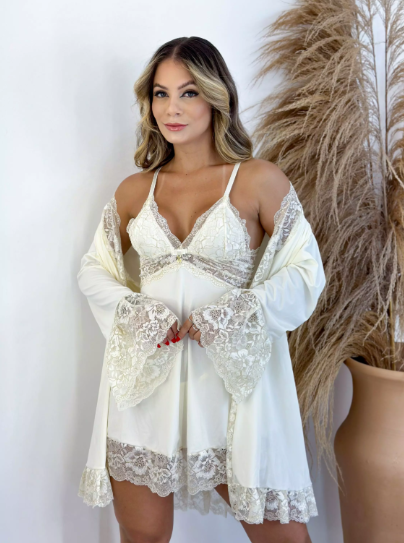 Kit Robe + Camisola + Calcinha Branco com Dourado
