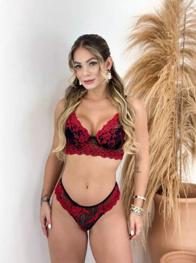 Conjunto Renda Preto/Vermelho com Bojo