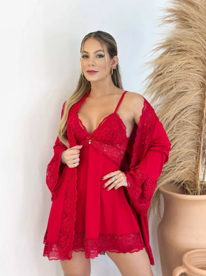 Kit Robe + Camisola + Calcinha Vermelho
