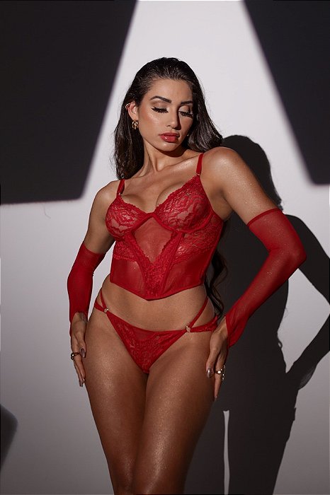 Corselet Romance com Luvas- Vermelho