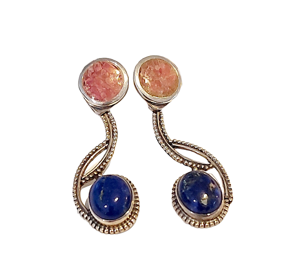 Brinco prata 925 de pino pedra natural lapis lázuli e rodocrosita