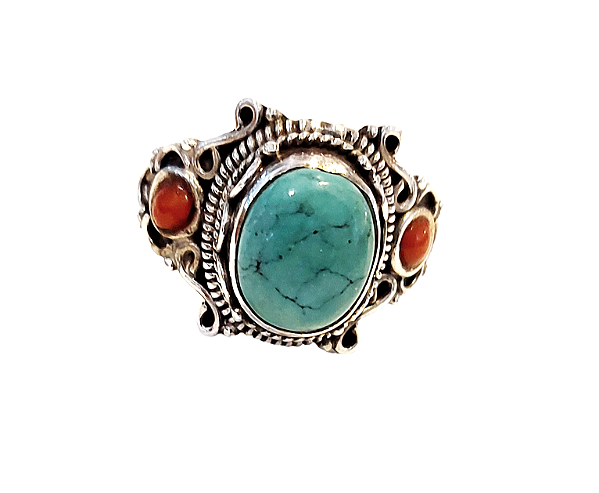 Anel prata 925 com pedra natural turquesa e coral