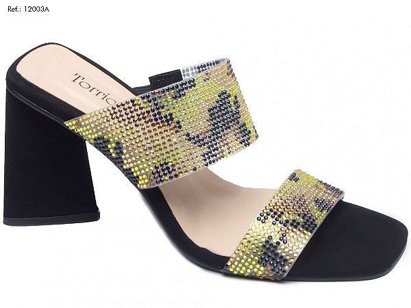 Tamanco Tiras Duplas Nobuck Preto E Manta De Strass