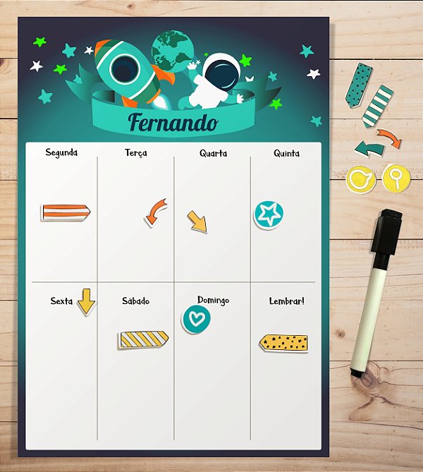 Planner Semanal Magnético + Caneta Escreve e Apaga - Astronauta