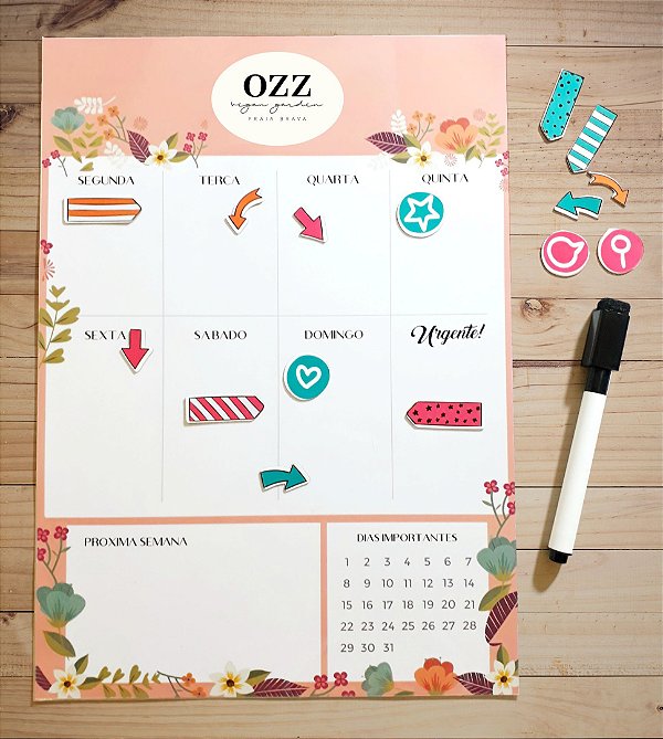 Planner Semanal Magnético + Caneta Escreve e Apaga - Floral