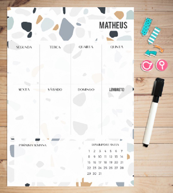 Planner Semanal Magnético + Caneta Escreve e Apaga - Pedras