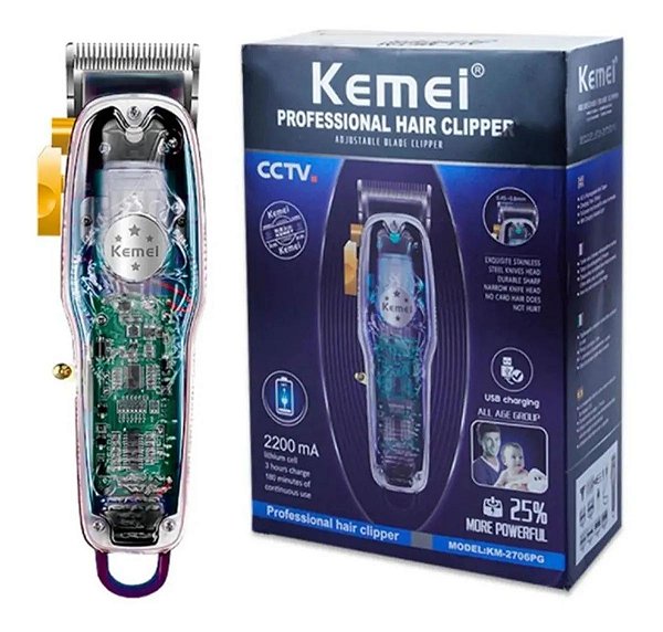 Máquina de Cortar Cabelo Kemei Transparente - KM 2706 PG