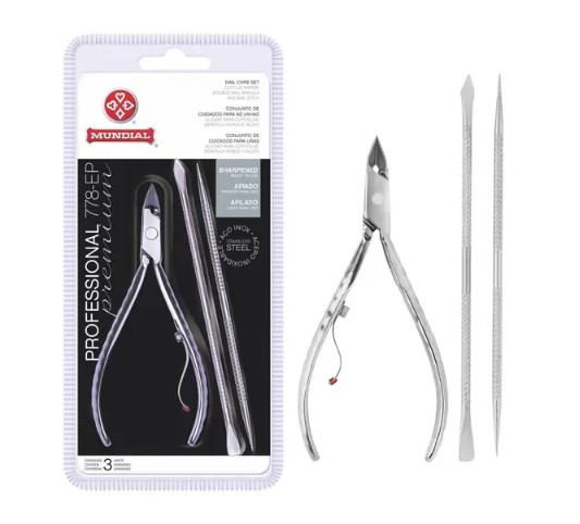 Alicate De Cutícula Mundial Espátula E Palito Aço Inox - 778ep