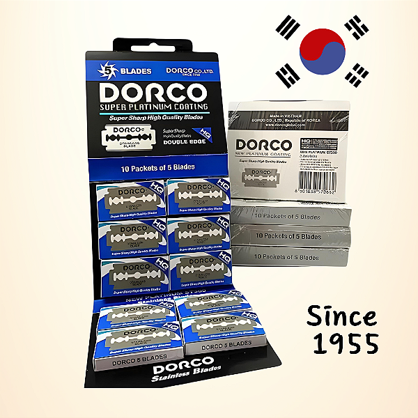 Lâmina de Barbear Coreana DORCO Desde 1955 - 2 Cartelas com 10 Caixinhas cada - Total: 100 Lâminas