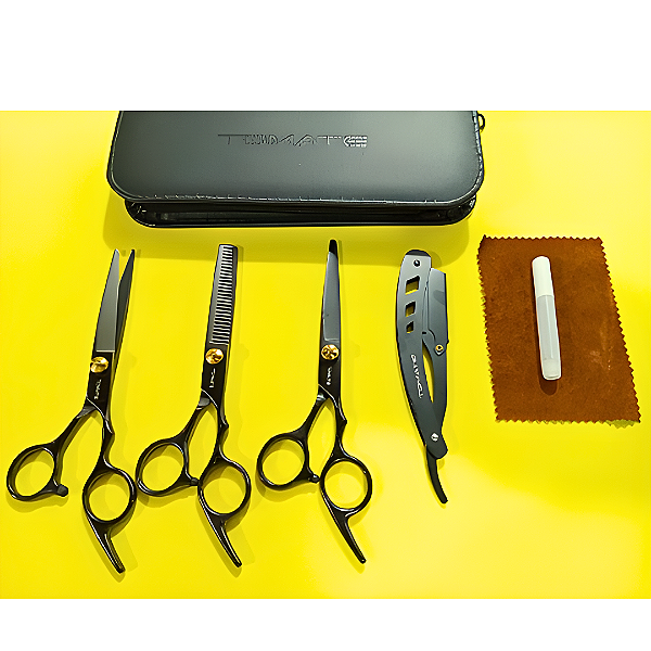 Kit Promoção Jogo de 3 Tesouras (Fio navalha, laser e desbaste) + Navalhete + Estojo + Óleo - Estoque Temporário