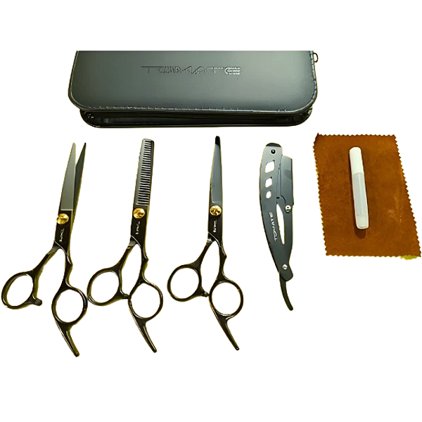 Kit Jogo de 3 Tesouras Tomate (Fio navalha, laser e desbaste) + Navalhete + Estojo + Óleo