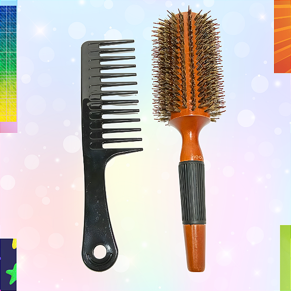 Kit Grandão Escova Madeira Bestool Mista Cerdas Sintéticas e Javali e Pente Desembaraçador de Ebonite Mofashi