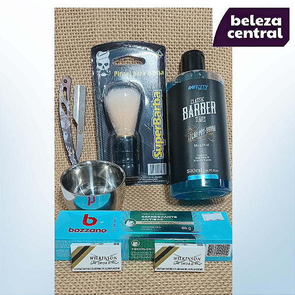 Kit Barbear Total - Navalhete, Cumbuca, Pincel, Creme Bozzano, 10 Lâminas e Pós Barba Menthol da Infinity