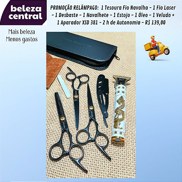 Kit Promocional: 3 Tesouras - 1 Navalhete - Estojo - Máquina de Acabamento - Óleo - Veludo