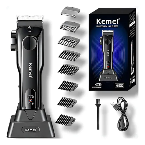 Máquina de Corte Cabelo - 8 Pentes - Led - Sem Fio - Funciona 2 1/2 h  - 6800/7500 RPM - Kemei - KM 5082
