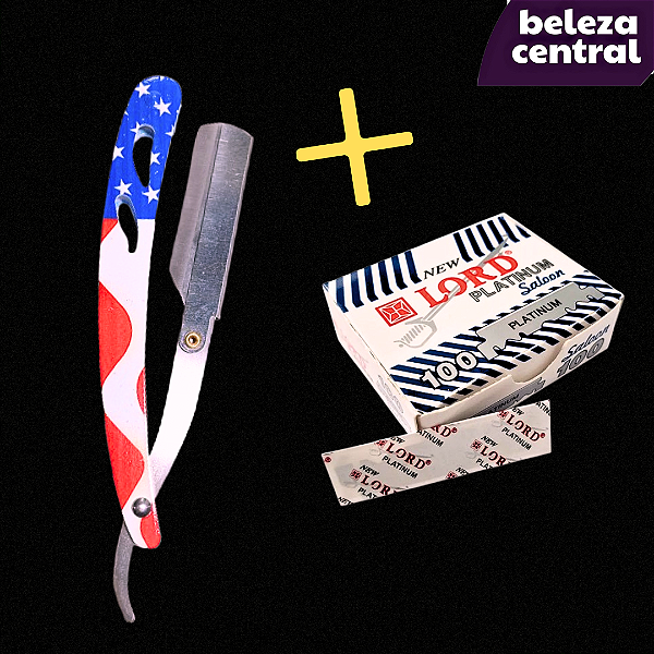 Navalhete Bandeira Americana Aço Inox + Caixinha Lord Platinum 100 Lâminas Cortadas