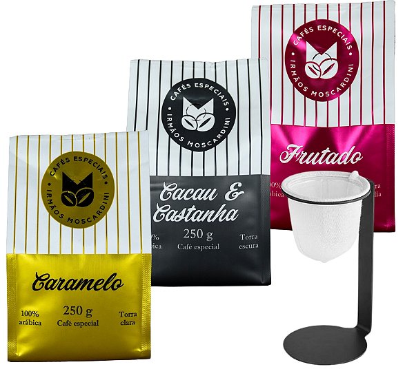 Kit Café Cacau e Castanhas 250g + Café Caramelo 250g + Café Frutado 250g + Mini Coador Pressca