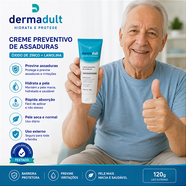 Creme Preventivo de Assaduras Dermadult 120g | Óxido de Zinco + Lanolina | Hidrata, Protege e Previne