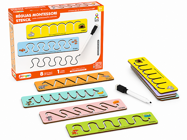 Stencil Réguas Montessori Educativo Infantil Junges com 8 Peças em MDF e Caneta Atóxica – Coordenação Motora e Pré-Escrita