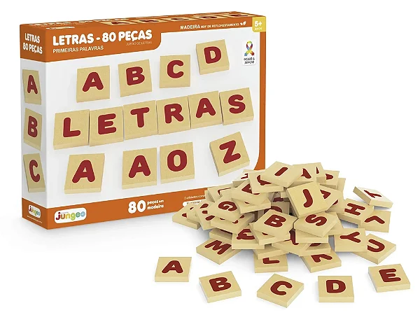 Letras 80 Peças Junges – Jogo Educativo em Madeira | Primeiras Palavras | Alfabetização Infantil
