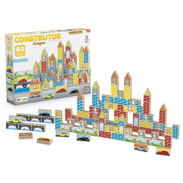 Construtor Junges 80 Peças – Blocos de Montar em Madeira | Brinquedo Educativo Infantil