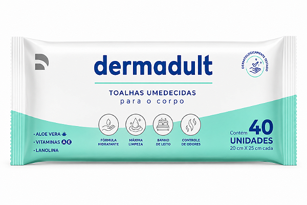 Toalhas Umedecidas Dermadult para o Corpo 40 Unidades – 20 x 25 cm | Aloe Vera, Vitaminas A e E