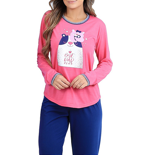 Pijama Feminino Longo Ursinho Cia Do Corpo (4678) Marinho
