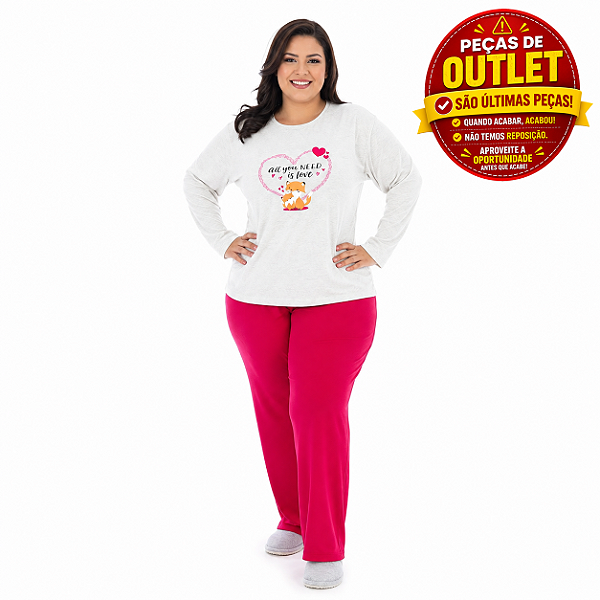 Pijama Plus Size Feminino Rosa Pink Raposa | Manga Longa Feminino - 22135