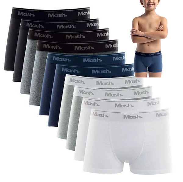 KIT 10 PEÇAS Cueca Boxer INFANTIL / JUVENIL em ALGODÃO| Marca: Mash Código: 111.19 - Cores SORTIDAS