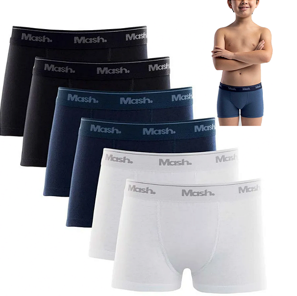 KIT 06 PEÇAS Cueca Boxer INFANTIL / JUVENIL em ALGODÃO| Marca: Mash Código: 111.19 - Cores SORTIDAS