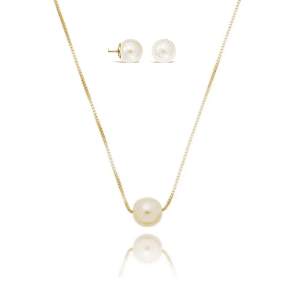 Conjunto Colar e Brinco Pérola Banhado a Ouro