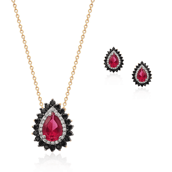 Conjunto de Colar e Brinco Gota Cravejada Rubi - Amanda