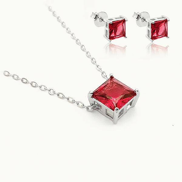 Conjunto Colar e Brinco Com Zircônia Rubi Quadrada - Luna