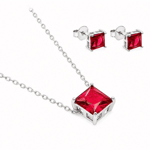 Conjunto Colar e Brinco Com Zircônia Rubi Quadrada - Luna
