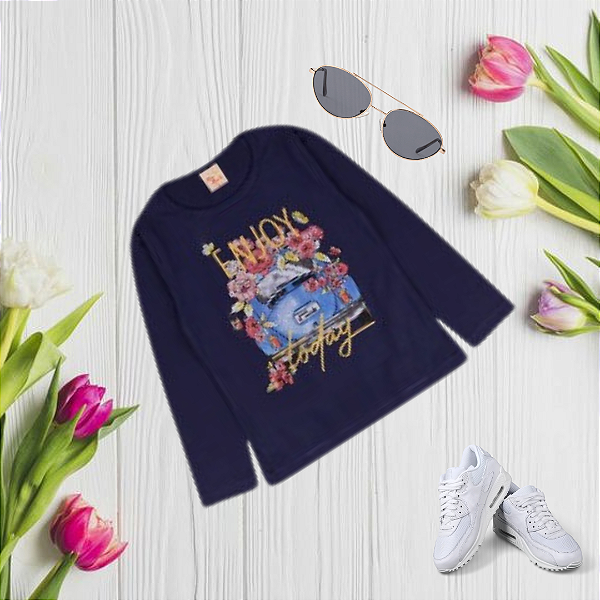 Blusa Manga Longa Infantil Menina Mini Mundo Azul Mar